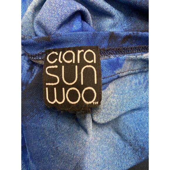 Clara Sun Woo Blue Floral Print Tunic Top Long Sleeve Asymmetric Hem Stretch SM - Picture 4 of 7